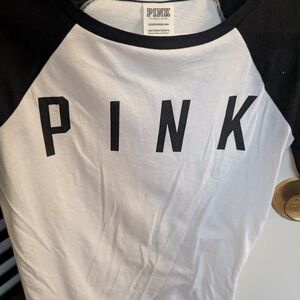 PINK by Victoria's Secret Black & White Raglan Logo Short Sleeve Tee
